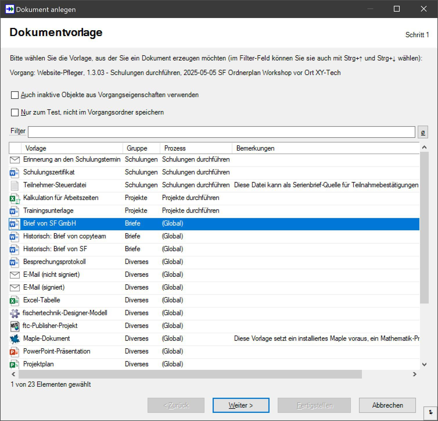 SF Ordnerplan Brief anlegen