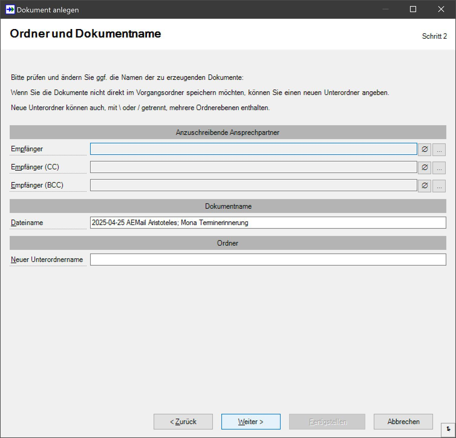 SF Ordnerplan E-Mail-Vorlage ausfüllen