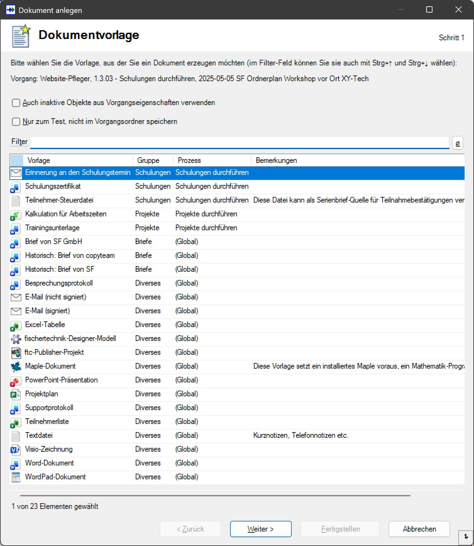 SF Ordnerplan E-Mail-Vorlage auswählen