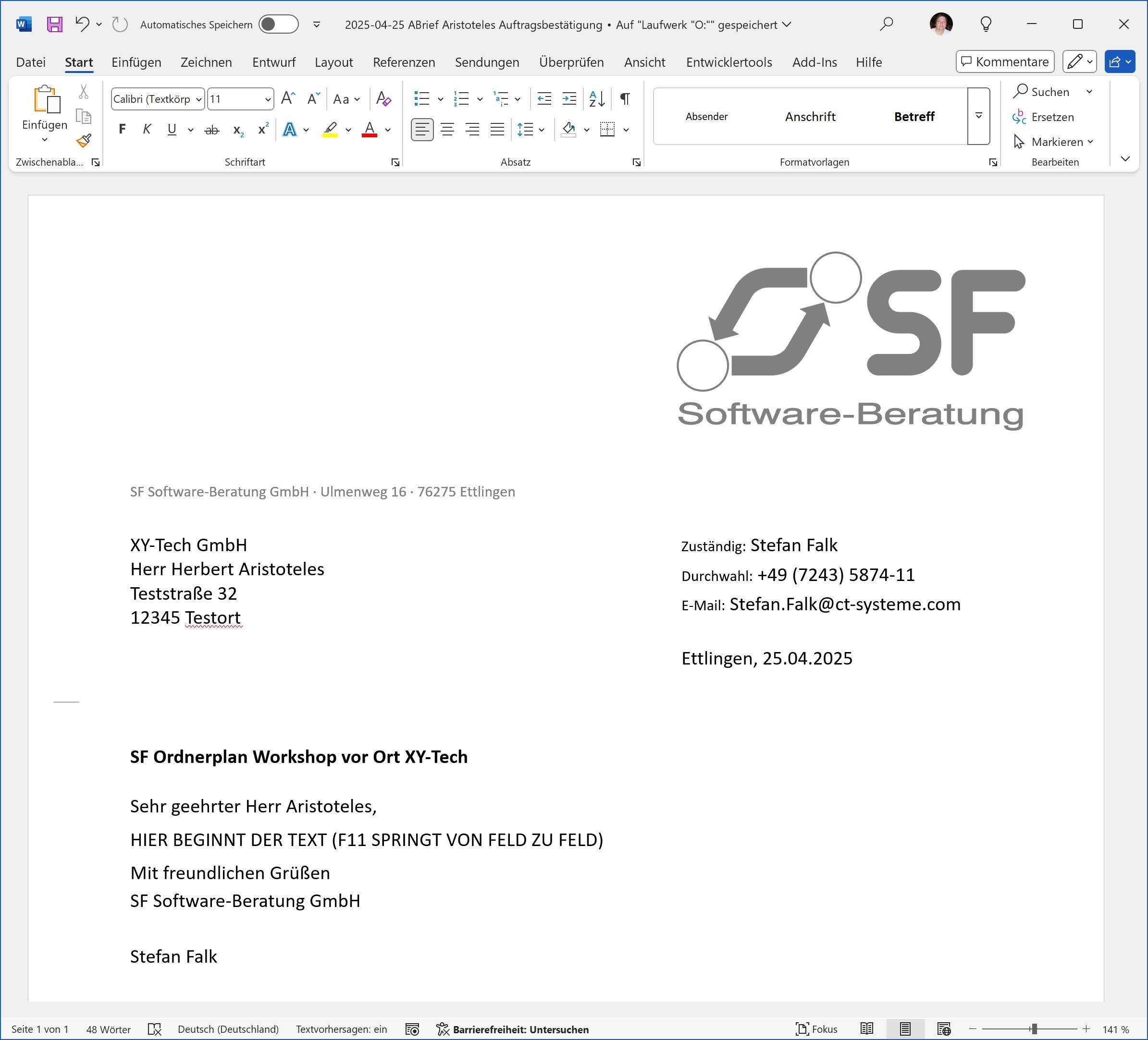 SF Ordnerplan Vorausgefüllter Brief