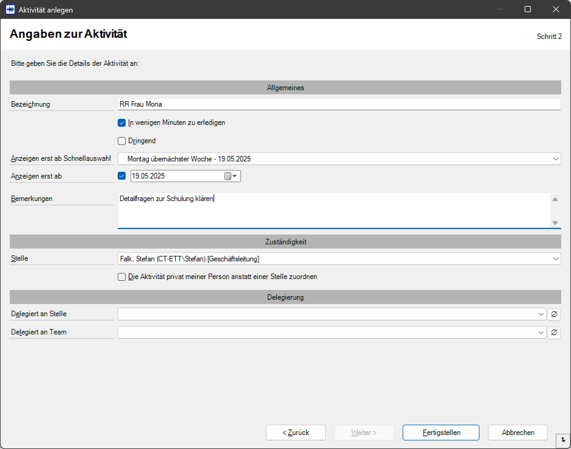 SF Ordnerplan Aktivität anlegen - Details eingeben