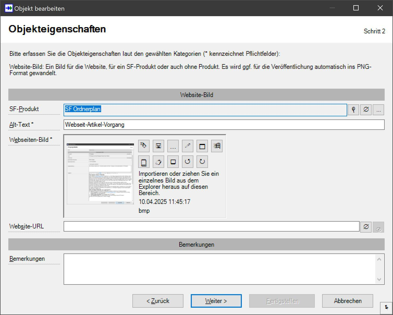 SF Ordnerplan Website-Bild als Stammdaten-Objekt