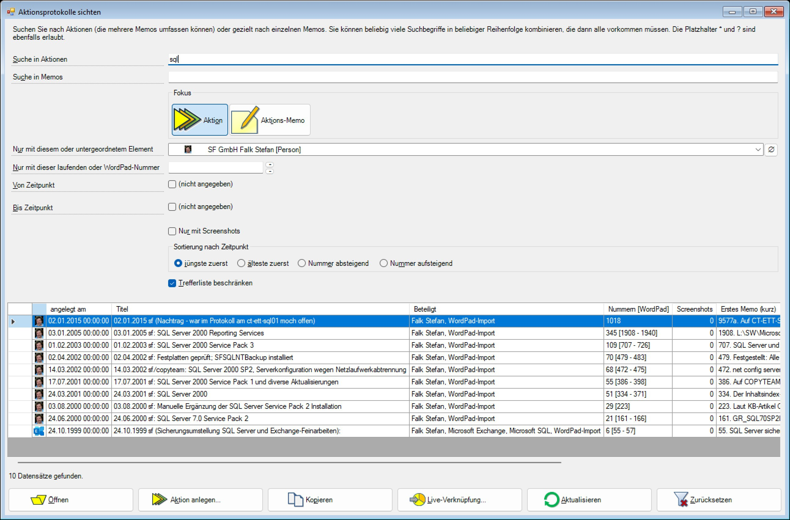 SF Serververwaltung Aktionssuche